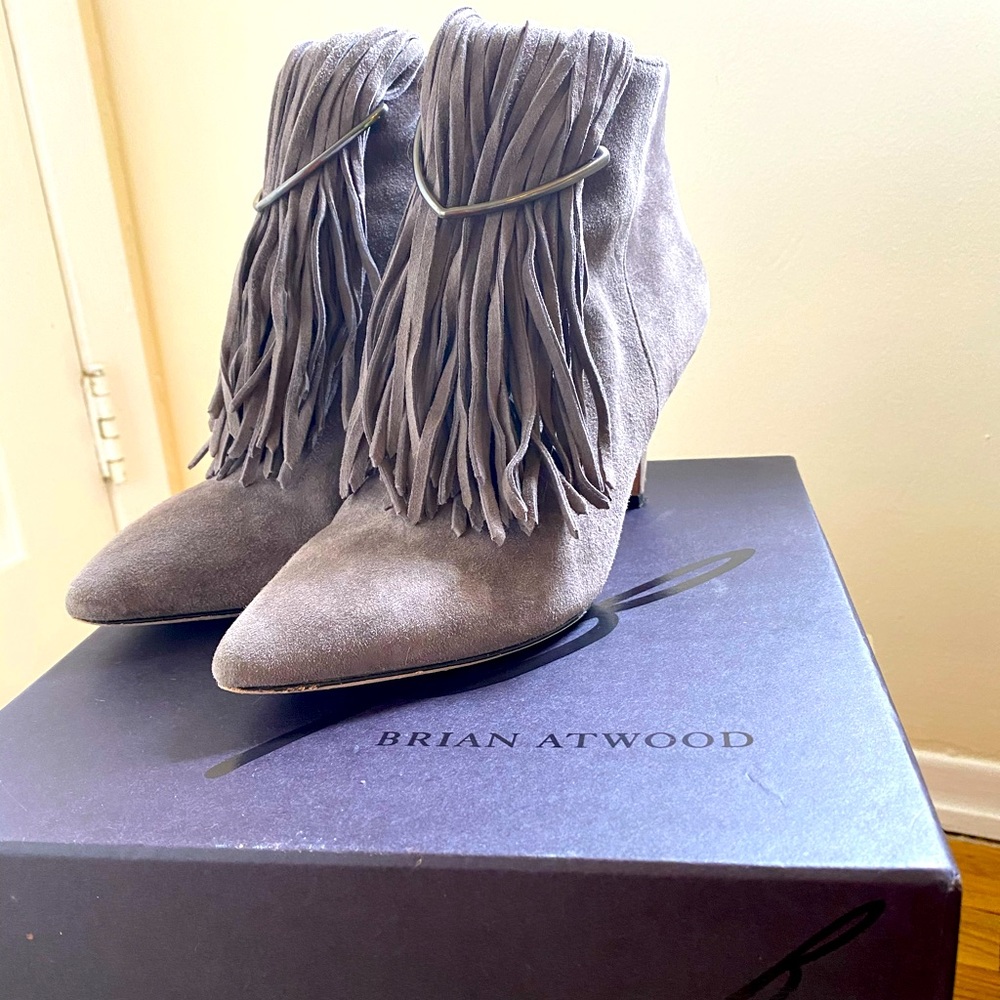 Brian Atwood Taupe Suede Bootie Heels.